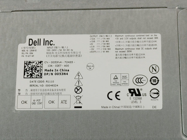 Dell 053N4 Dell 265 Watt Mini Tower Power Supply For Optiplex 390 790 990
