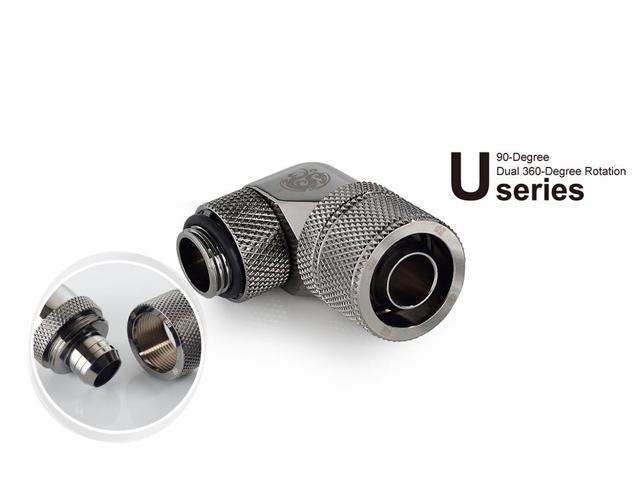 Bitspower G1/4' to 3/8' ID, 5/8' OD Compression Fitting for Soft Tubing, CC3 Ultimate, 90 Degree Dual Rotary, Black Sparkle