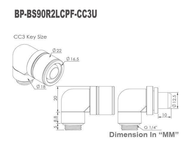 Bitspower G1/4' to 3/8' ID, 5/8' OD Compression Fitting for Soft Tubing, CC3 Ultimate, 90 Degree Dual Rotary, Black Sparkle