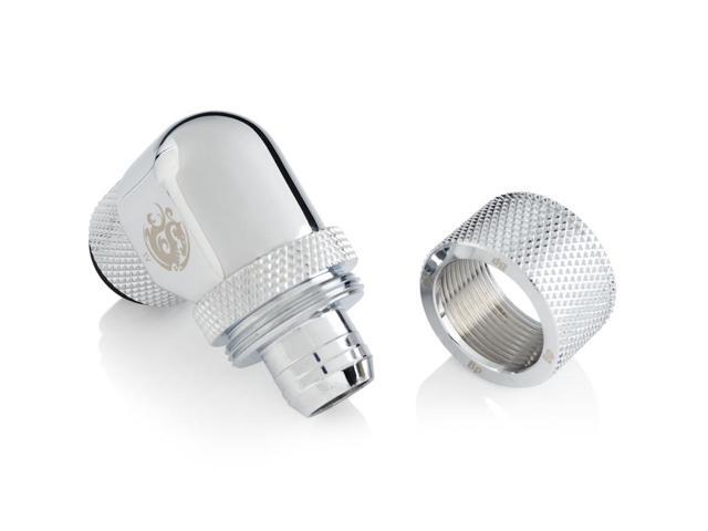 Bitspower G1/4' to 3/8' ID, 5/8' OD Compression Fitting for Soft Tubing, CC3 Ultimate, 90 Degree Dual Rotary, Silver Shining