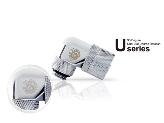 Bitspower G1/4' to 3/8' ID, 5/8' OD Compression Fitting for Soft Tubing, CC3 Ultimate, 90 Degree Dual Rotary, Silver Shining