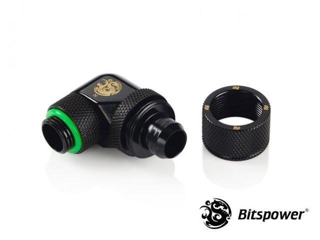 Bitspower G1/4' to 3/8' ID, 5/8' OD Compression Fitting for Soft Tubing, CC3 Ultimate, 90 Degree Dual Rotary, Matte Black