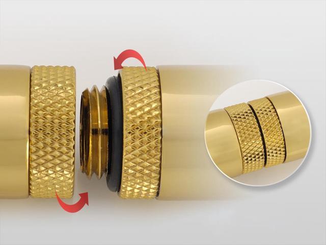 Bitspower G1/4' Female to Female Extender Fitting, 90 Degree Dual Rotary, True Brass