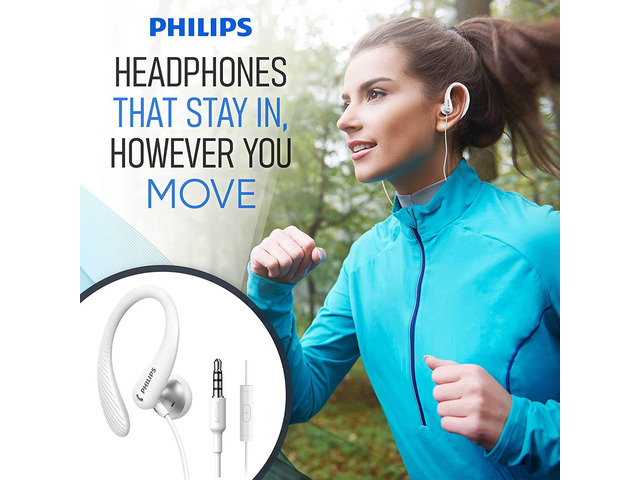 Philips Earbuds with Mic Behind the Ear Headphones for Sports, Running, Exercise, Gym, Lightweight Earhook Headphones