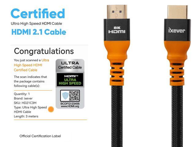 IXEVER HDMI Cable 8K@60Hz,10FT Certified HDMI 2.1 Cable 4K@144Hz Ultra HD 48Gpbs Hi Speed HDR10, HDCP 2.2,ARC, Compatible with Dolby Vision Xbox...