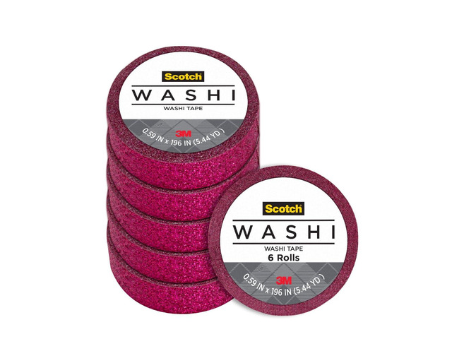 Scotch Expressions Glitter Washi Tape, Arts and Crafts Tape, .59 in x 196 in, Hot Pink Glitter, 6 Rolls