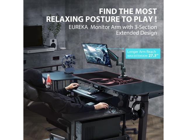 EUREKA ERGONOMIC Single Monitor Arm, Gas Spring Mount for 13'-32' Screens, Long 3-Section Reach (27.3'), Full Motion VESA Stand, 17.6lbs Load - Black
