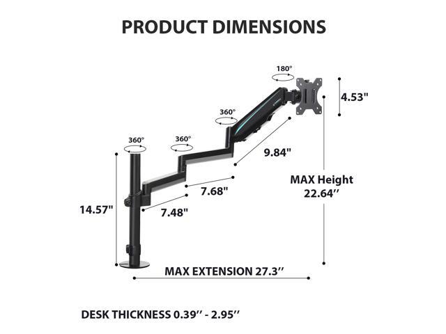 EUREKA ERGONOMIC Single Monitor Arm, Gas Spring Mount for 13'-32' Screens, Long 3-Section Reach (27.3'), Full Motion VESA Stand, 17.6lbs Load - Black