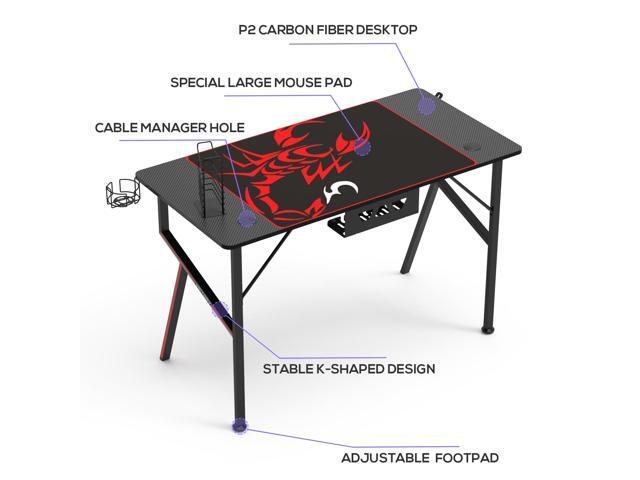EUREKA ERGONOMIC 47' K-Shaped Gaming Desk, Heavy Duty (300lbs Load), Zero-Wobble Frame, with Full Mouse Pad, Cup Holder & Headset Hook - Black
