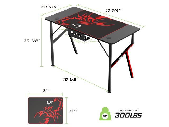 EUREKA ERGONOMIC 47' K-Shaped Gaming Desk, Heavy Duty (300lbs Load), Zero-Wobble Frame, with Full Mouse Pad, Cup Holder & Headset Hook - Black