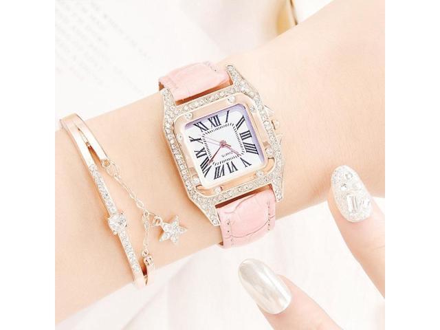 Women Tonneau Square Strap Quartz Watch, Color: Pink+Bracelet Pink+Bracelet