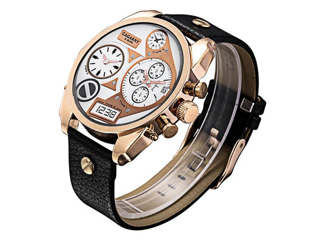 CAGARNY 6822 Fashionable Concise Style Large Dial Dual Clock Rose Gold Case Quartz Movement Wrist Watch with Leather Band & GMT Time & Calendar...