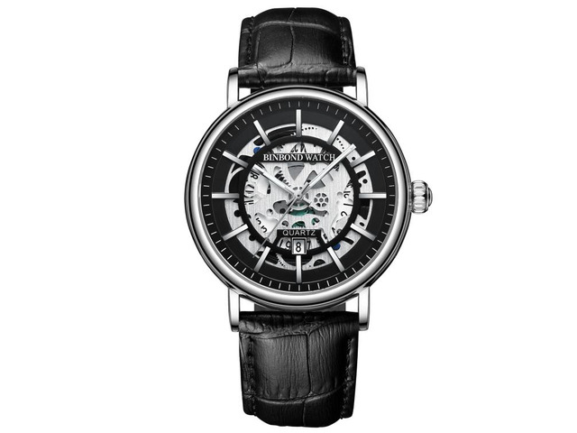 BINBOND B7872 Multifunctional Hollow Luminous Waterproof Quartz Watch, Color: Black Leather-White-Black Black Leather-White-Black