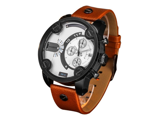 CAGARNY 6819 Fashionable Multifunctional Dual Time Zone Quartz Business Sport Wrist Watch with Leather Band & GMT Time & Calendar & Luminous...