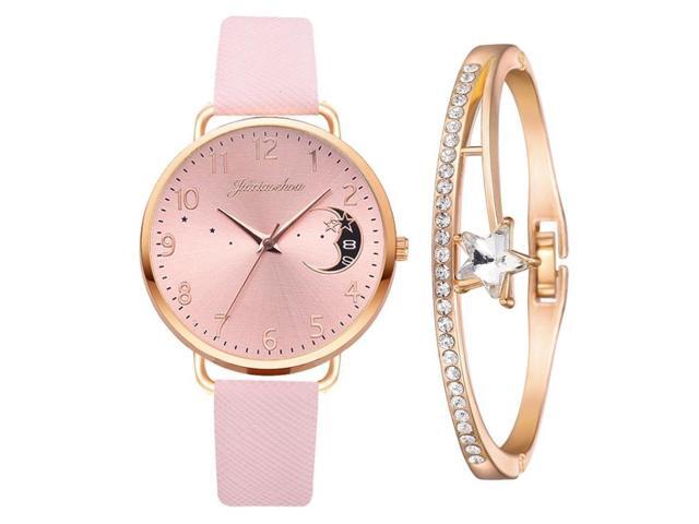 Ladies Moon Pattern Dial PU Strap Quartz Watch, Color: Pink+Bracelet Pink+Bracelet