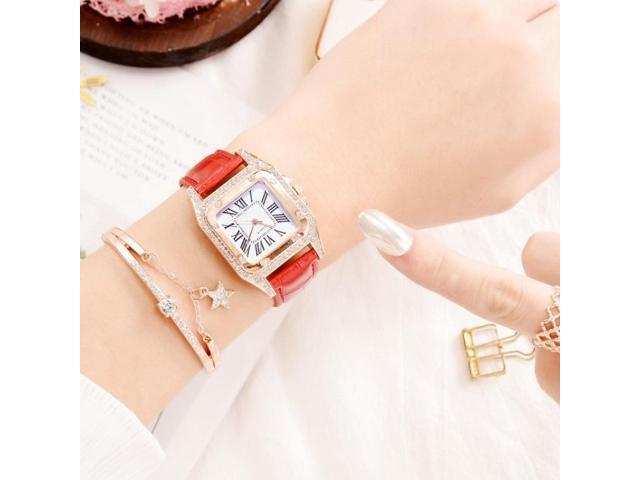 Women Tonneau Square Strap Quartz Watch, Color: Red+Bracelet Red+Bracelet