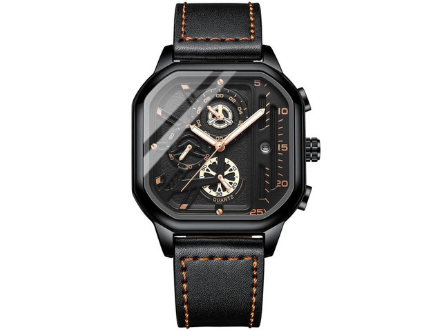 BINBOND B6577 30M Waterproof Luminous Square Quartz Watch, Color: Black Leather-Black-Rose Gold Black Leather-Black-Rose Gold