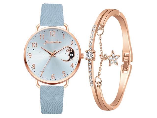 Ladies Moon Pattern Dial PU Strap Quartz Watch, Color: Tianlan+Bracelet Tianlan+Bracelet