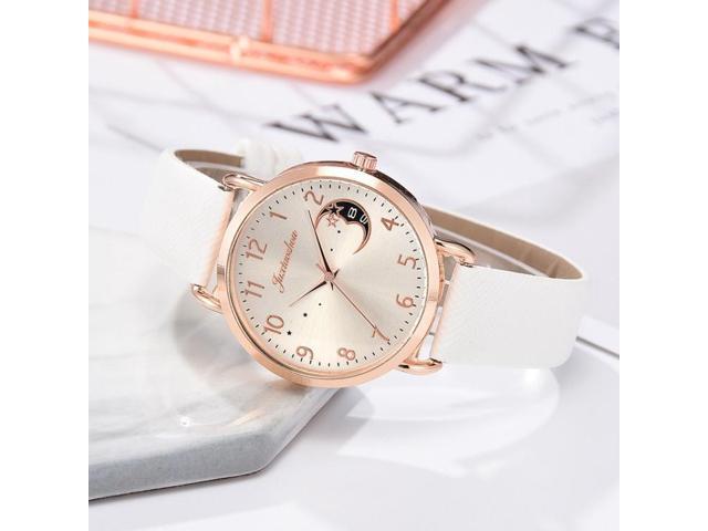 Ladies Moon Pattern Dial PU Strap Quartz Watch, Color: White White