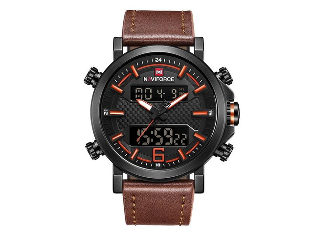 NAVIFORCE 9135 Sport Watch Leather Waterproof Quartz Watches Date LED Analog Clock for Men
