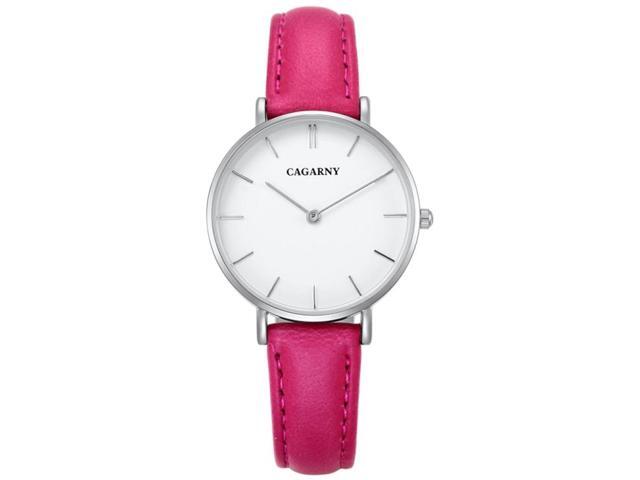 CAGARNY 6872 Living Waterproof Round Dial Quartz Movement Alloy Silver Case Fashion Watch Quartz Watches with Leather Band (Magenta)