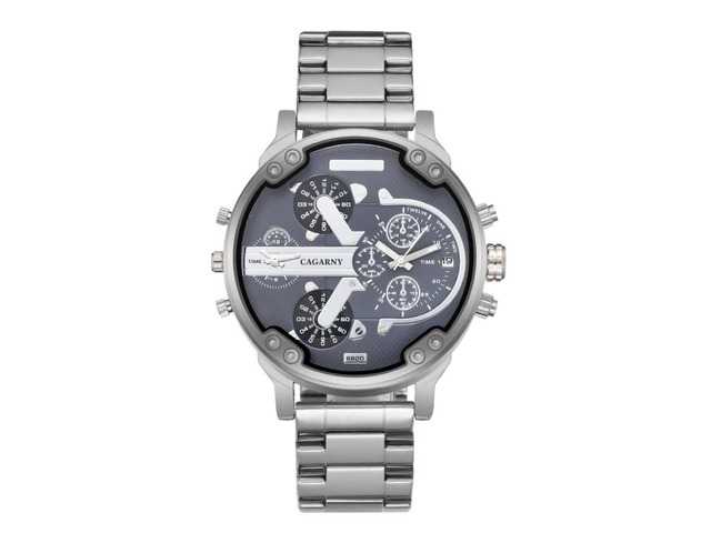 CAGARNY 6820 Fashionable Business Style Large Dial Dual Time Zone Quartz Movement Wrist Watch with Stainless Steel Band & Calendar Function for Men...