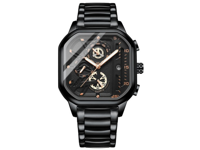 BINBOND B6577 30M Waterproof Luminous Square Quartz Watch, Color: Black Steel-Black-Rose Gold Black Steel-Black-Rose Gold