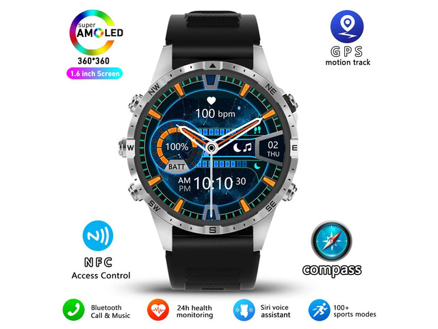 Business Smart Watch Men Compass 1.6'HD Screen Titanium case NFC Smartwatch Man Bluetooth Call 100+Sports Modes Rugged Watch+
