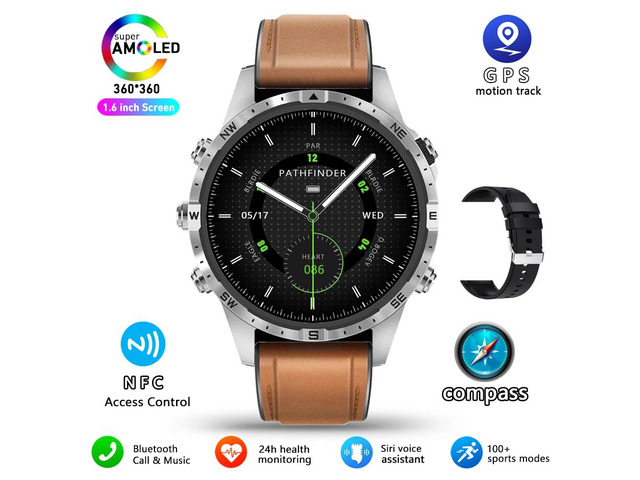 Business Smart Watch Men Compass 1.6'HD Screen Titanium case NFC Smartwatch Man Bluetooth Call 100+Sports Modes Rugged Watch+