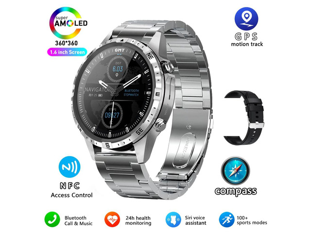 Business Smart Watch Men Compass 1.6'HD Screen Titanium case NFC Smartwatch Man Bluetooth Call 100+Sports Modes Rugged Watch+