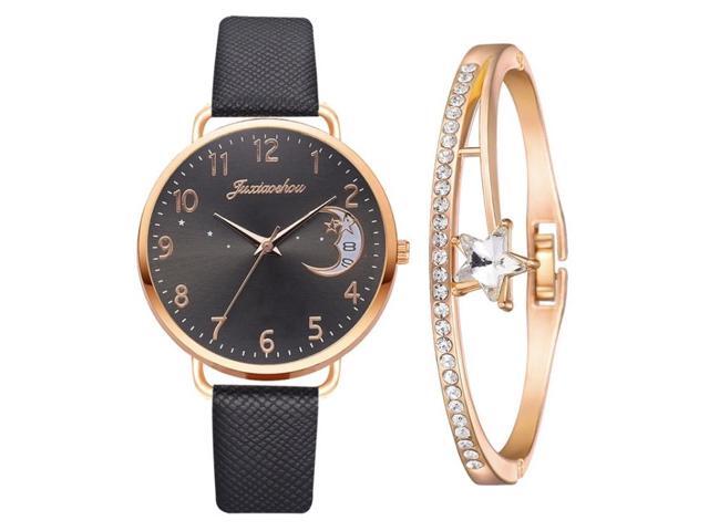 Ladies Moon Pattern Dial PU Strap Quartz Watch, Color: Black+Bracelet Black+Bracelet