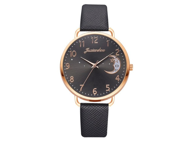 Ladies Moon Pattern Dial PU Strap Quartz Watch, Color: Black Black