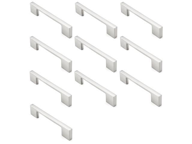 Cauldham 10 Pack Solid Kitchen Cabinet Pulls Handles (3-5/8' Hole Centers) - Modern Thin Profile Drawer/Door Hardware - Style M255 - Satin Nickel