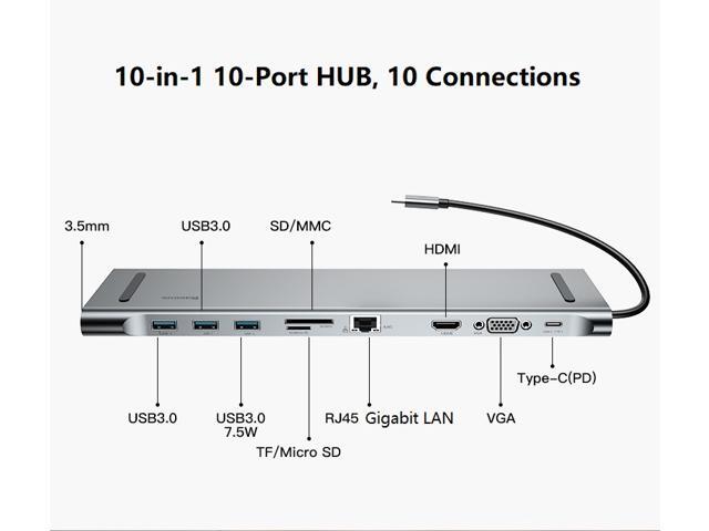 Baseus 10-in-1 USB-C Type-C Super HUB with 4K HDMI 1080p VGA 1000Mbps LAN SD TF PD 3 x USB3.0 Audio Dock, Notebook Docking Stand, Your Efficient.