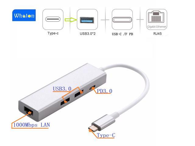4 in 1 USB-C HUB Type-C to Gigabit Ethernet / USB C PD / 2 x USB3.0 Adapter, Support 1000Mbps Ethernet, USB-C PD Quick Charging and 2 USB 3.0 HUB.