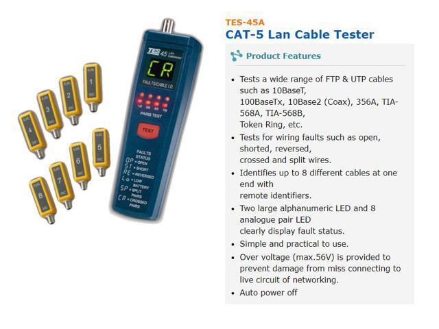TES-45 CAT-5 Lan Cable Tester Meter Pairs Length Faults Status Leds Display
