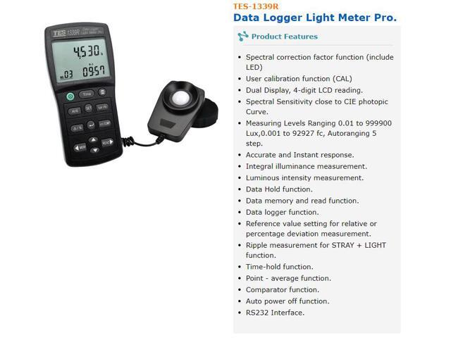 TES-1339R Data Logger Light Meter Tester 0.01 to 999900 Lux PC Data Record