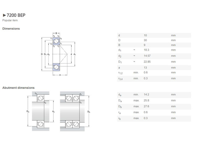 SKF 7201 BEP Angular Contact Ball Bearings, Single Row 12x32x10 mm
