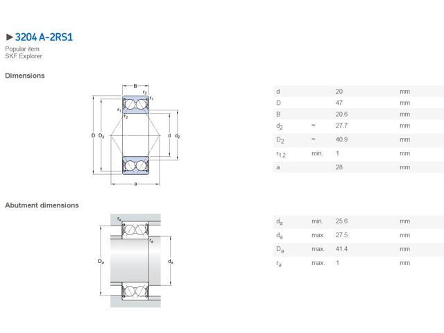 SKF 3204 A-2RS1 Angular Contact Ball Bearings 20x47x20.6mm