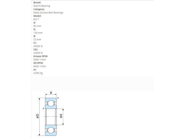 NACHI 6017 ZZE Deep Groove Ball Bearings 85x130x22mm
