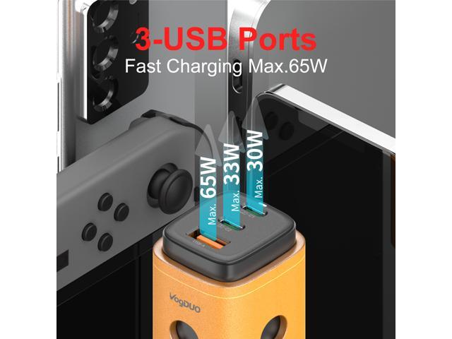 VogDUO USB C Charger, 65W 3 Ports GaN, Fast Charging, Foldable Plug, Genuine Leather style, compatible with iPad, iPhone 13/13 Mini/13 Pro/13 Pro...