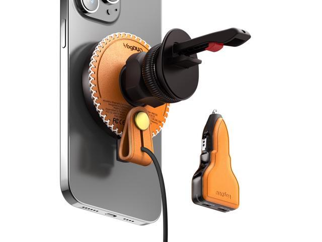 VogDUO Wireless Leather Car Charger 15W Strong Magnetic Vent Mount- Including Extention Rack 3.3ft USBC Cable Dual 15W USB Ports for MagSafe iPhone...