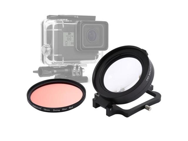 JSR 58mm 16X Macro Lens + Red Diving Lens Filter with Lens Cover + Lens Filter Ring Adapter + String + Cleaning Cloth for GoPro HERO6 /5 Dive Housing