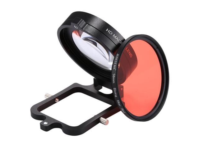 JSR 58mm 16X Macro Lens + Red Diving Lens Filter with Lens Cover + Lens Filter Ring Adapter + String + Cleaning Cloth for GoPro HERO6 /5 Dive Housing