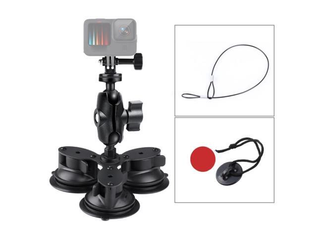 Triangle Suction Cup Mount Holder with Tripod Adapter & Steel Tether & Safety Buckle (Black)