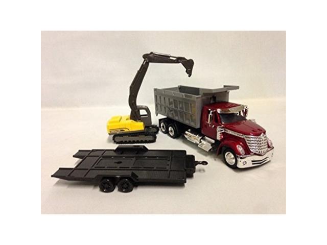 international lonestar, dump truck w/excavator 1:43 scale 18' diecast new ray toys #16623 red