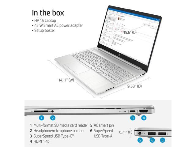 HP 15.6' Screen FHD Laptop, Intel Core i5-1135G7, 8GB RAM, 256GB SSD, Natural Silver, Windows 11 Home, 15-dy2795wm
