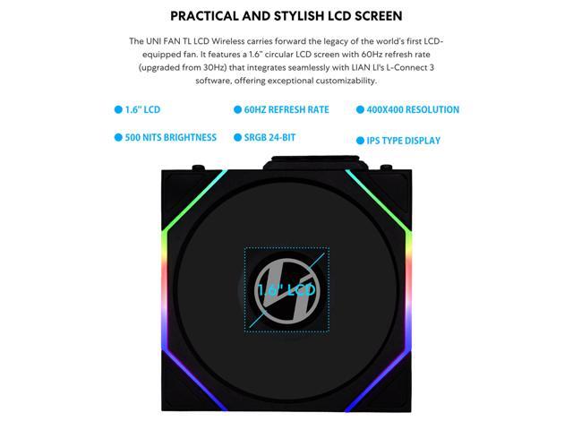 Lian Li UNI Fan TL - LCD Wireless 140 - Single Pack - 2.4 GHz Wireless Signal ARGB Fan Control - Dual-Zone Lighting - FDB - 140mm - LCD Display -...