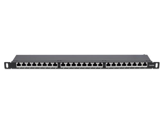 Intellinet Cat6a Shielded Patch Panel, 24-Port, FTP, 19', 0.5 U, 90° Top-Entry Punch-Down Blocks, Black