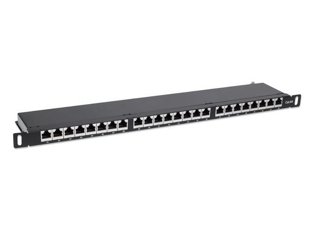 Intellinet Cat6a Shielded Patch Panel, 24-Port, FTP, 19', 0.5 U, 90° Top-Entry Punch-Down Blocks, Black
